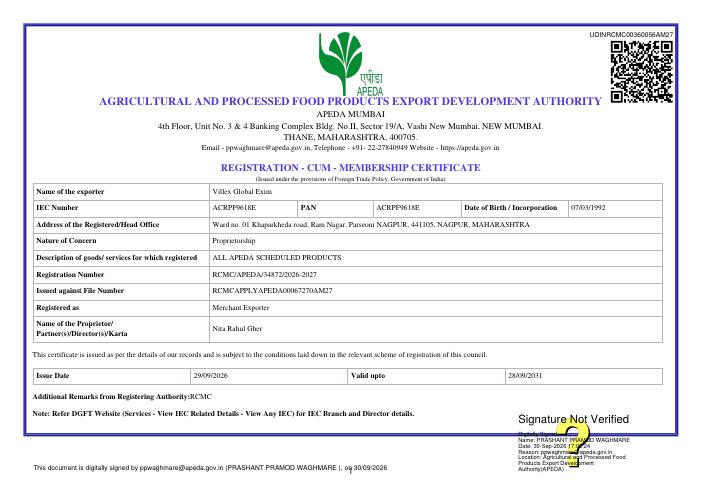 APEDA Registration-cum-Membership Certificate